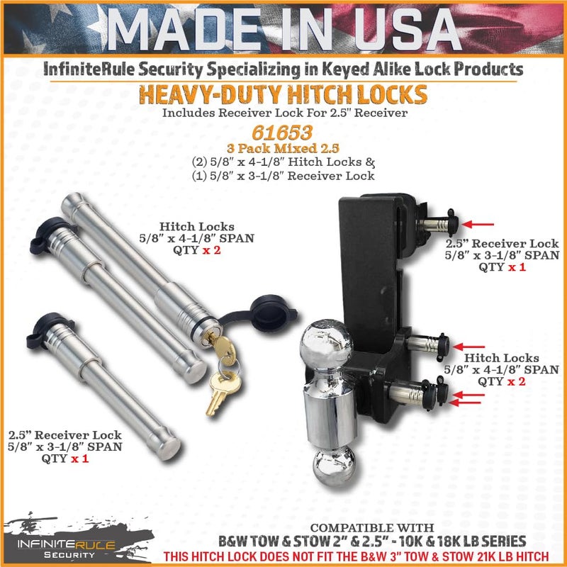 InfiniteRule Security 61653 | 3 Pack Mixed 2.5, Keyed Alike, Hitch Locks for B&W 2" & 2.5" Tow and Stow 10K LB & 18K LB - Includes Lock for 2.5" Receiver - Image 2